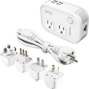 FOVAL Power Step Down 220V to 110V Travel Voltage Converter International Power Adapter for Hair Straightener/Curling Iron with 4-Port USB Charging US/UK/AU/IT/EU Universal Plug Adapter White