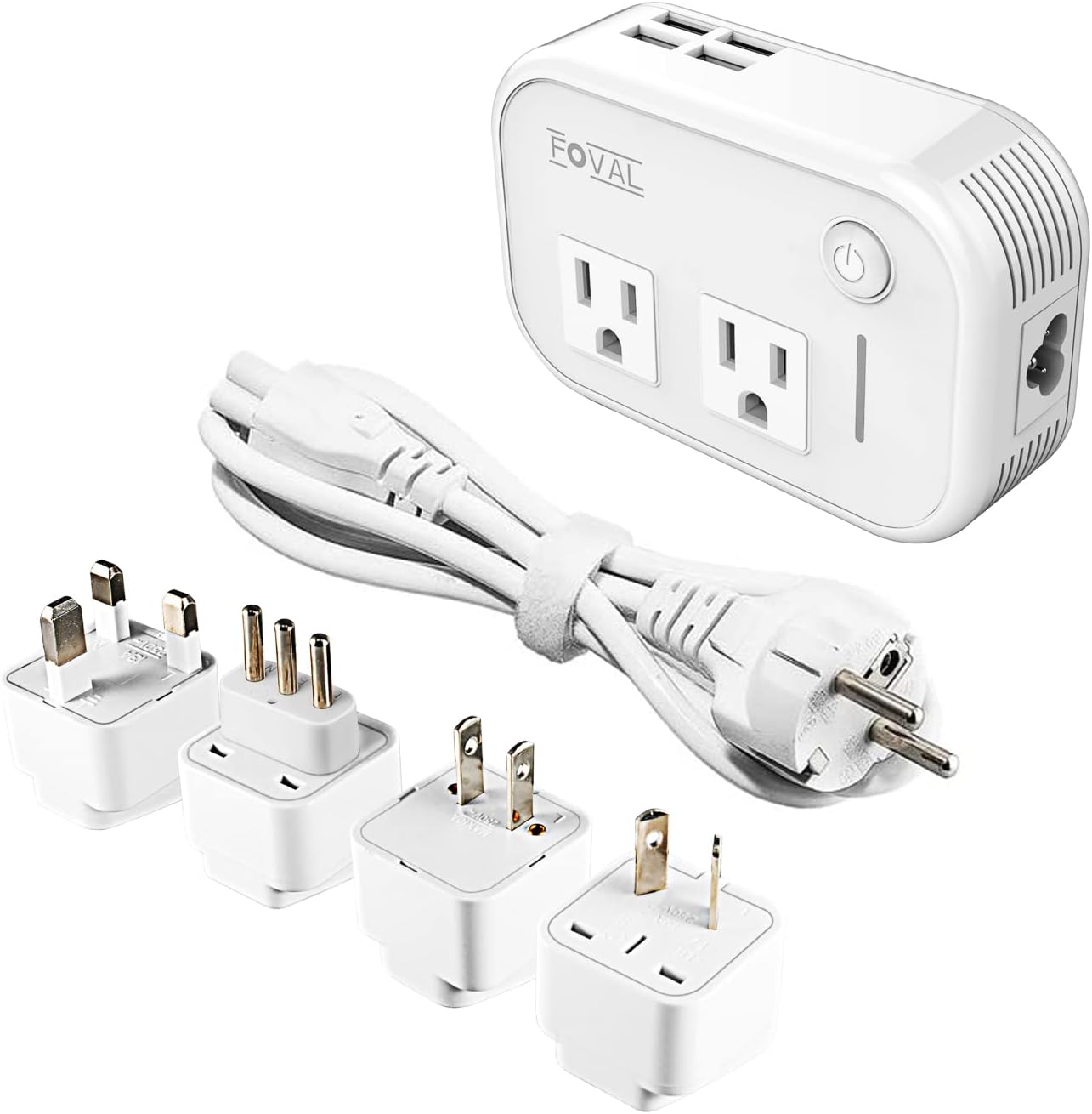 FOVAL Power Step Down 220V to 110V Travel Voltage Converter International Power Adapter for Hair Straightener/Curling Iron with 4-Port USB Charging US/UK/AU/IT/EU Universal Plug Adapter White