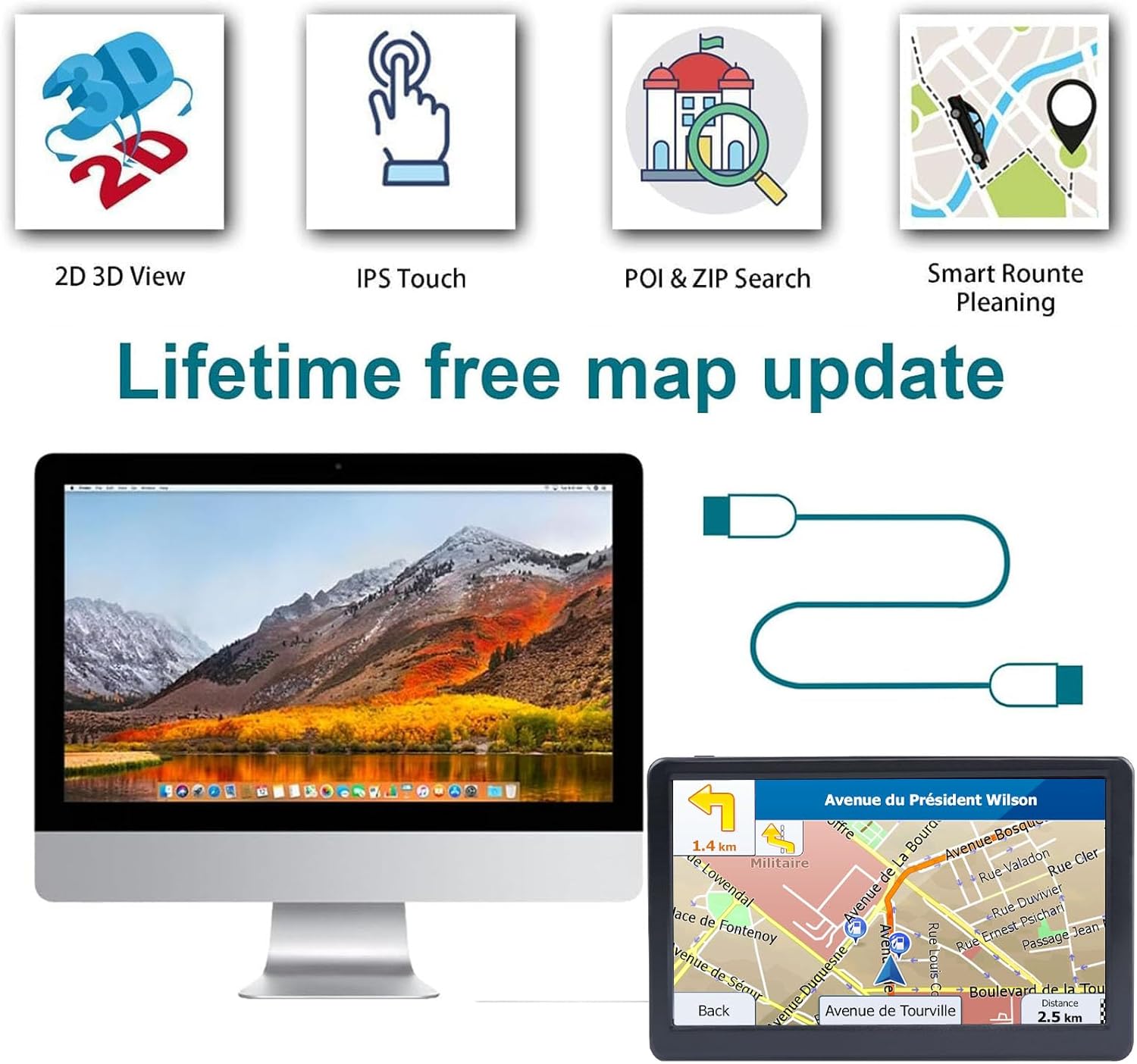 GPS Navigator for Car Truck RV, 7 Inch Touch Screen, Latest 2025 Maps for Car GPS, Support Voice Turn-by-Turn Guidance, Speed and Red Light Warning, Custom Truck Routing - Image 5
