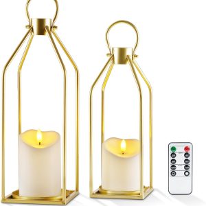 Homemory Modern Farmhouse Lantern Decor with Waterproof Flameless Candle & Remote Timer, 2PCS Gold Metal Candle Lantern Decorative for Outdoor Indoor Home Living Room Patio Porch Table (Gold)
