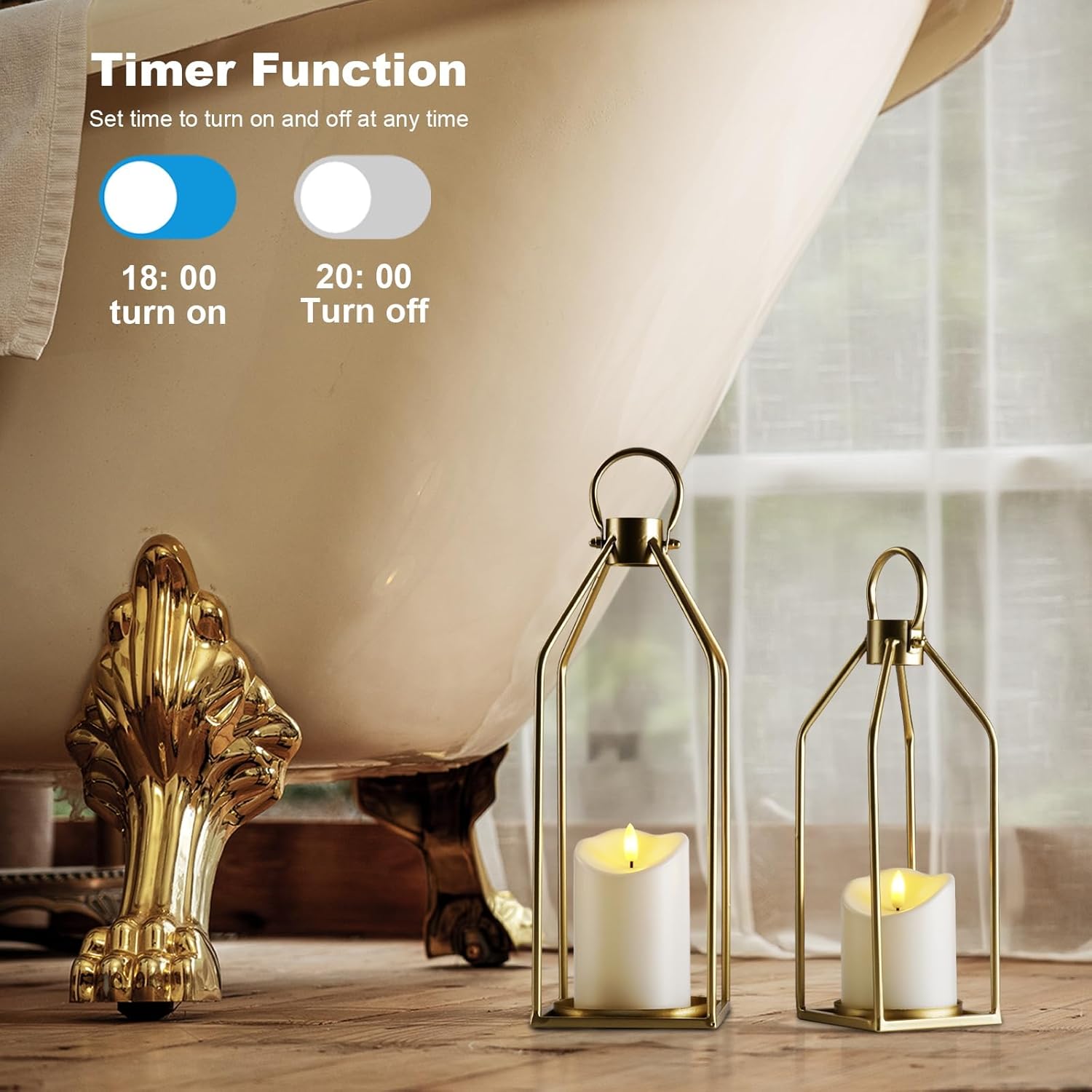 Homemory Modern Farmhouse Lantern Decor with Waterproof Flameless Candle & Remote Timer, 2PCS Gold Metal Candle Lantern Decorative for Outdoor Indoor Home Living Room Patio Porch Table (Gold) - Image 2