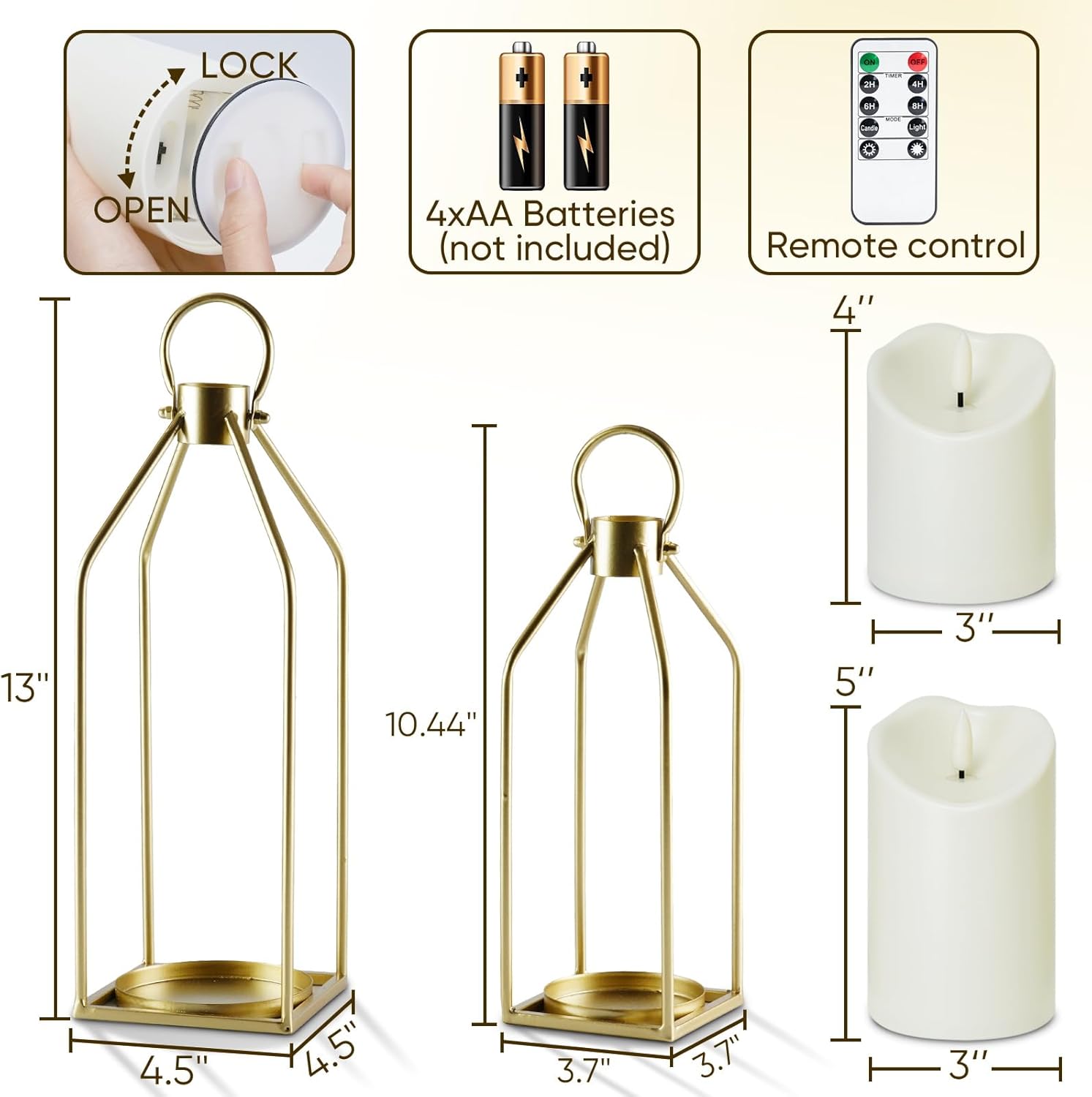 Homemory Modern Farmhouse Lantern Decor with Waterproof Flameless Candle & Remote Timer, 2PCS Gold Metal Candle Lantern Decorative for Outdoor Indoor Home Living Room Patio Porch Table (Gold) - Image 4