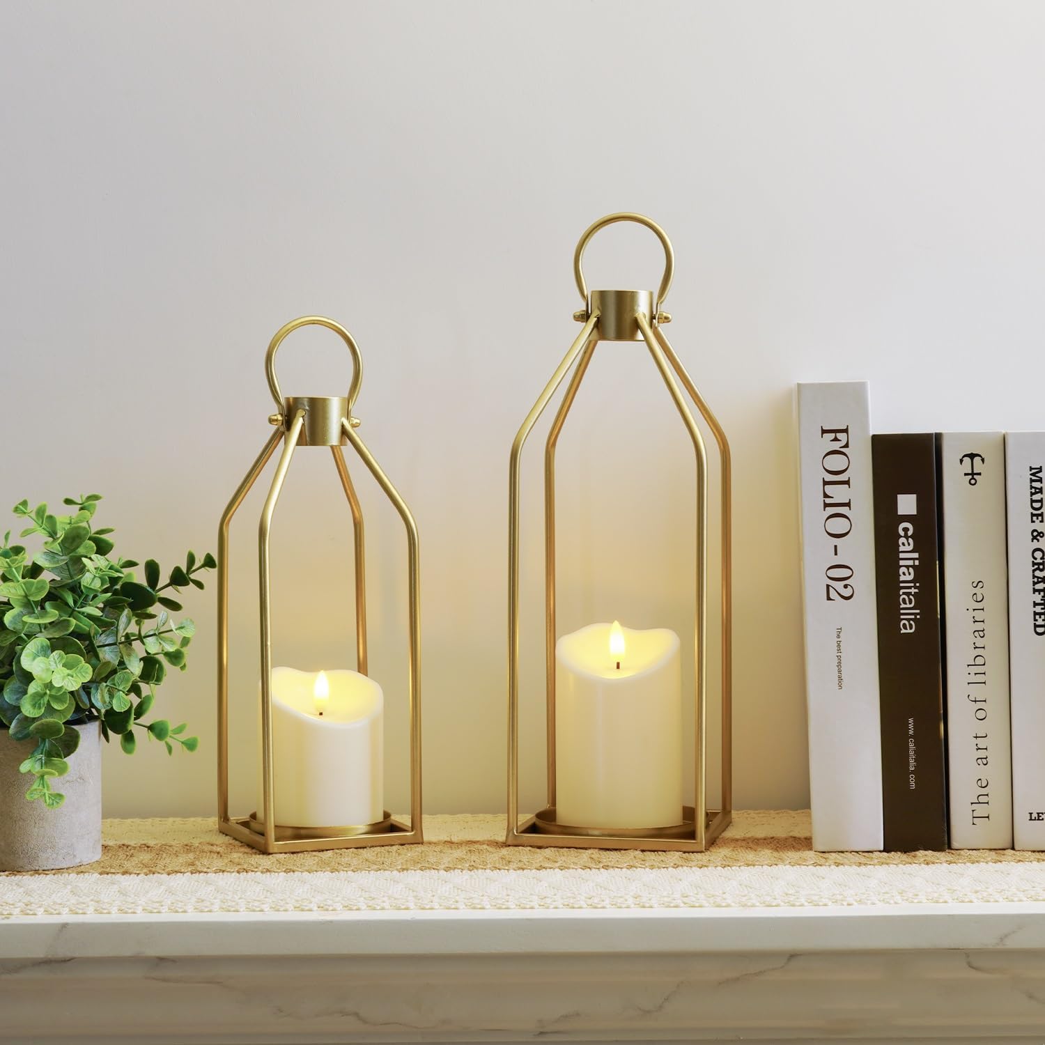 Homemory Modern Farmhouse Lantern Decor with Waterproof Flameless Candle & Remote Timer, 2PCS Gold Metal Candle Lantern Decorative for Outdoor Indoor Home Living Room Patio Porch Table (Gold) - Image 6