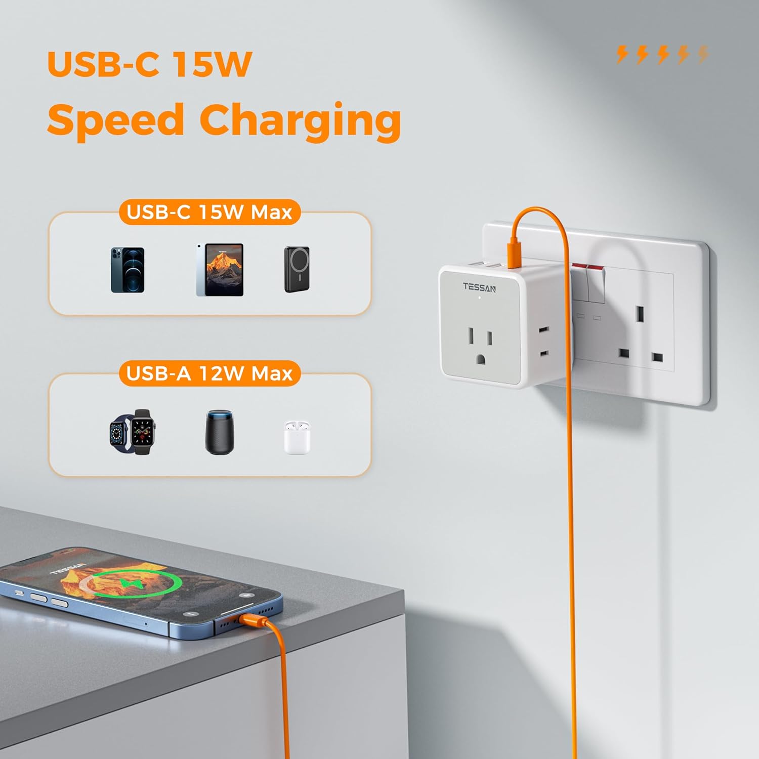 TESSAN Universal Travel Adapter Kit, 6-in-1 International Power Adapter with 3 USB (1 USB C) and 3 AC Outlets, Wordwide Adaptor Supports Type C, G, E/F, I, A, B for US EU UK Australia Japan, Grey - Image 3