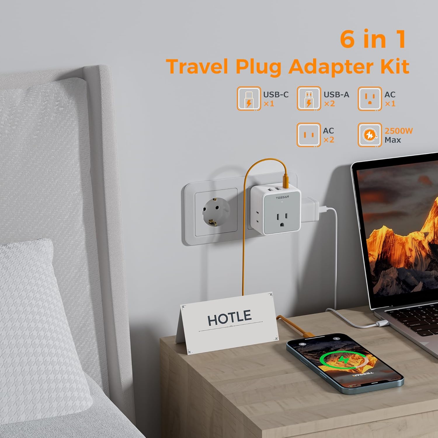 TESSAN Universal Travel Adapter Kit, 6-in-1 International Power Adapter with 3 USB (1 USB C) and 3 AC Outlets, Wordwide Adaptor Supports Type C, G, E/F, I, A, B for US EU UK Australia Japan, Grey - Image 4